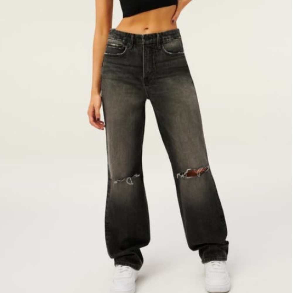 Good American Good 90’s Ripped High Waist Straight Jeans Black Size 4 NWT